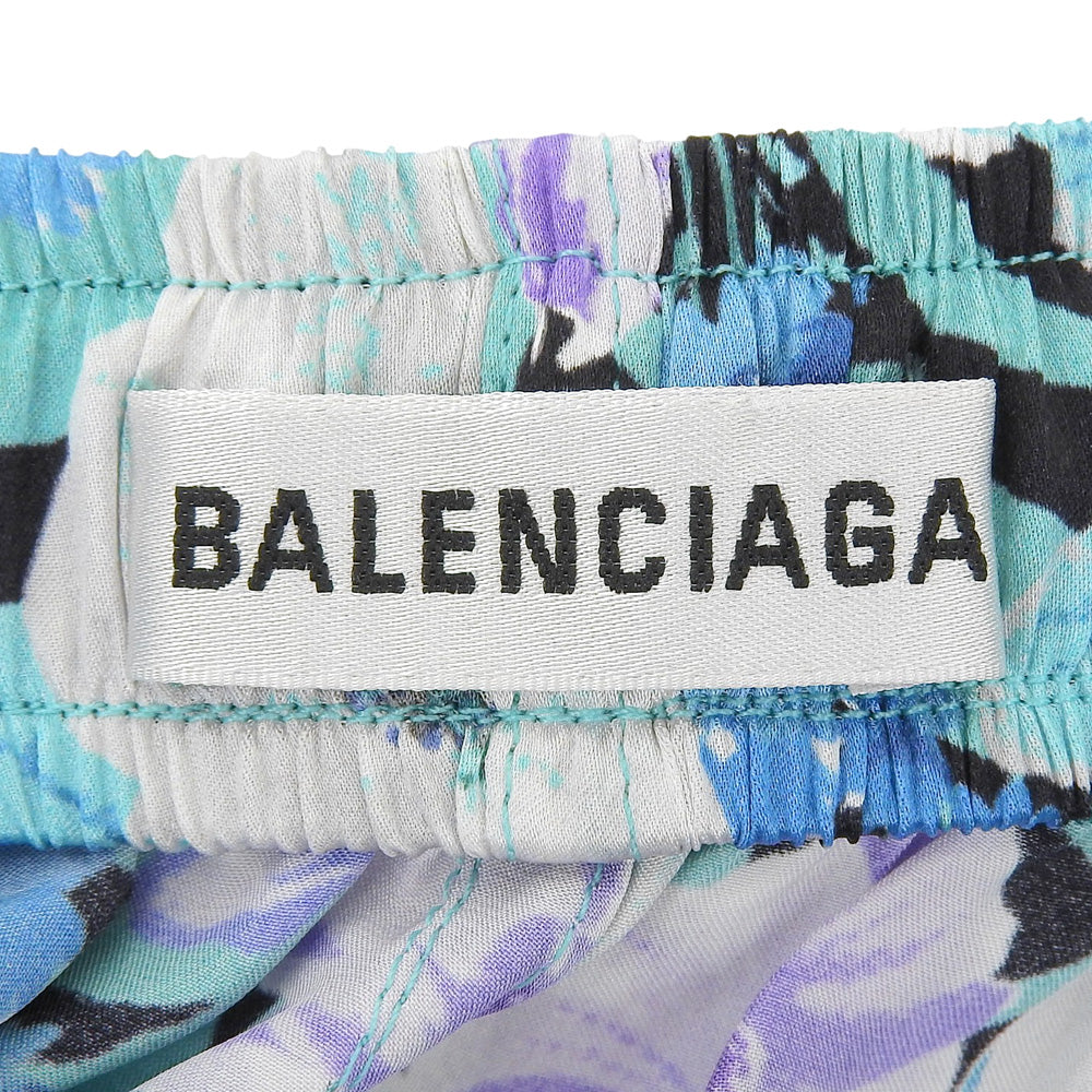 BALENCIAGA バレンシアガ 美品 フラワー総柄 シルクドレープパンツ ボトムス レディース ブルー 34 595222 20年 ボトムス 34
