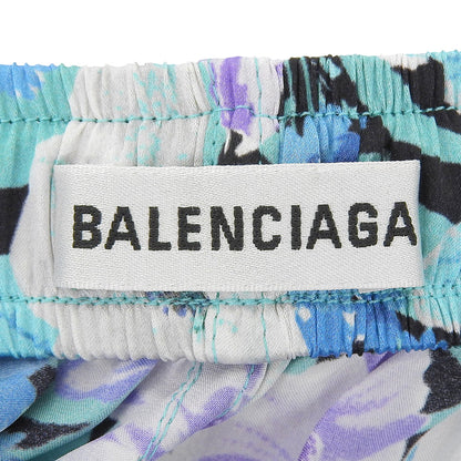 BALENCIAGA バレンシアガ 美品 フラワー総柄 シルクドレープパンツ ボトムス レディース ブルー 34 595222 20年 ボトムス 34