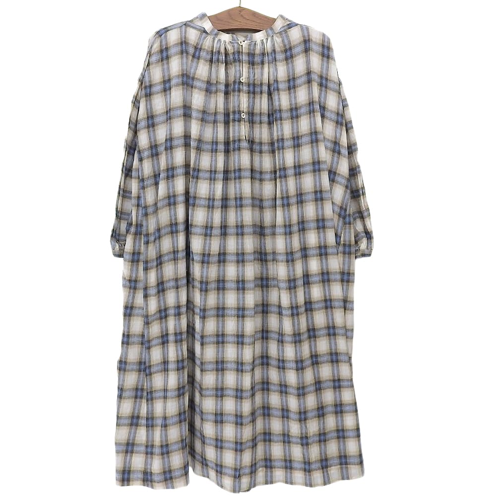 45R フォーティファイブ アール カディチェックのカフタンドレス ワンピース レディース ベージュ ライトブルー 70350111 ワンピース ―