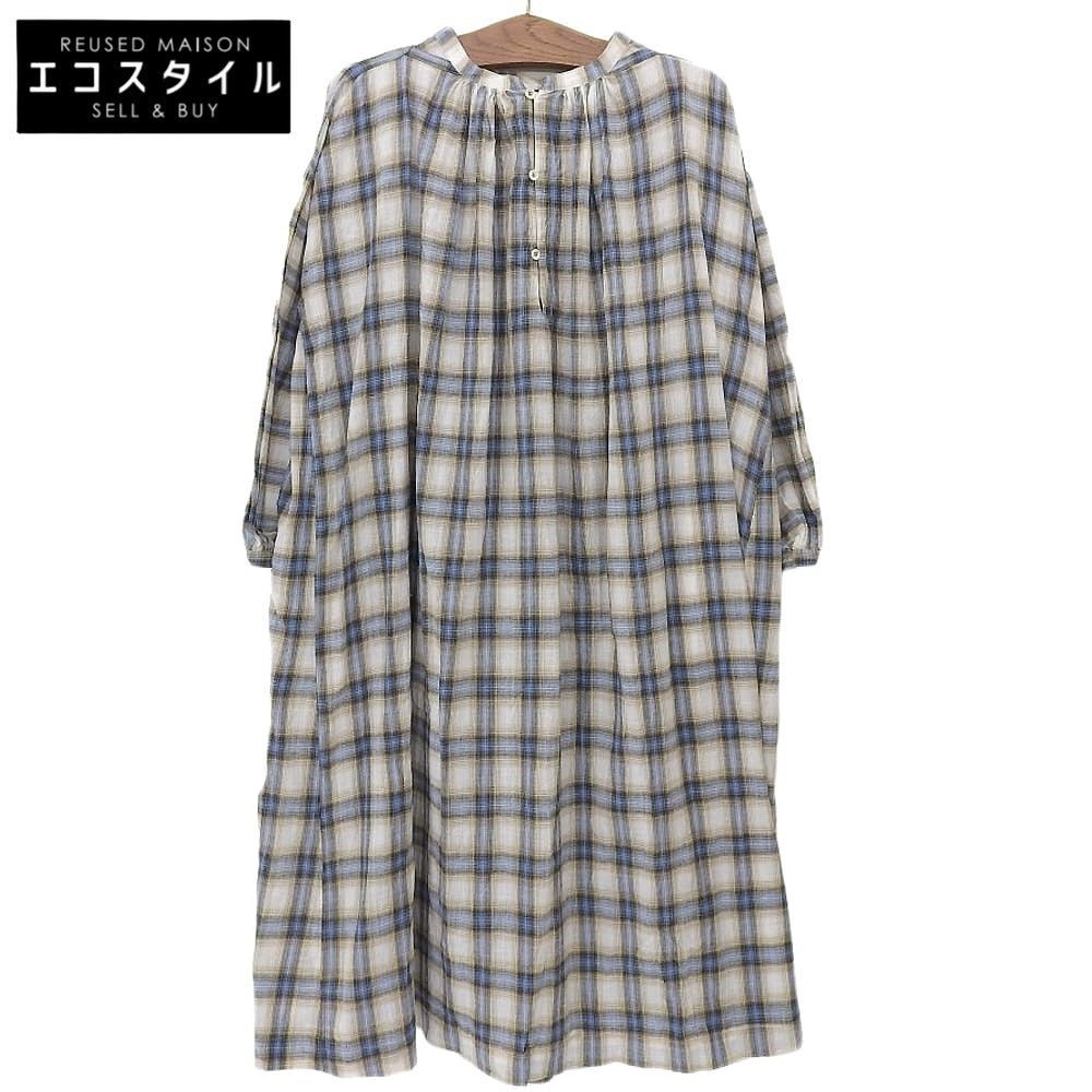 45R フォーティファイブ アール カディチェックのカフタンドレス ワンピース レディース ベージュ ライトブルー 70350111 ワンピース ―