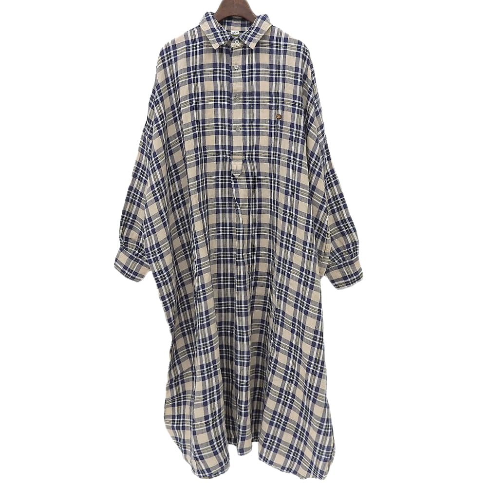 45R フォーティファイブ アール 美品 インドリネン チェックドレス シャツワンピース レディース ベージュ×ブルー 7035069 ワンピース ―