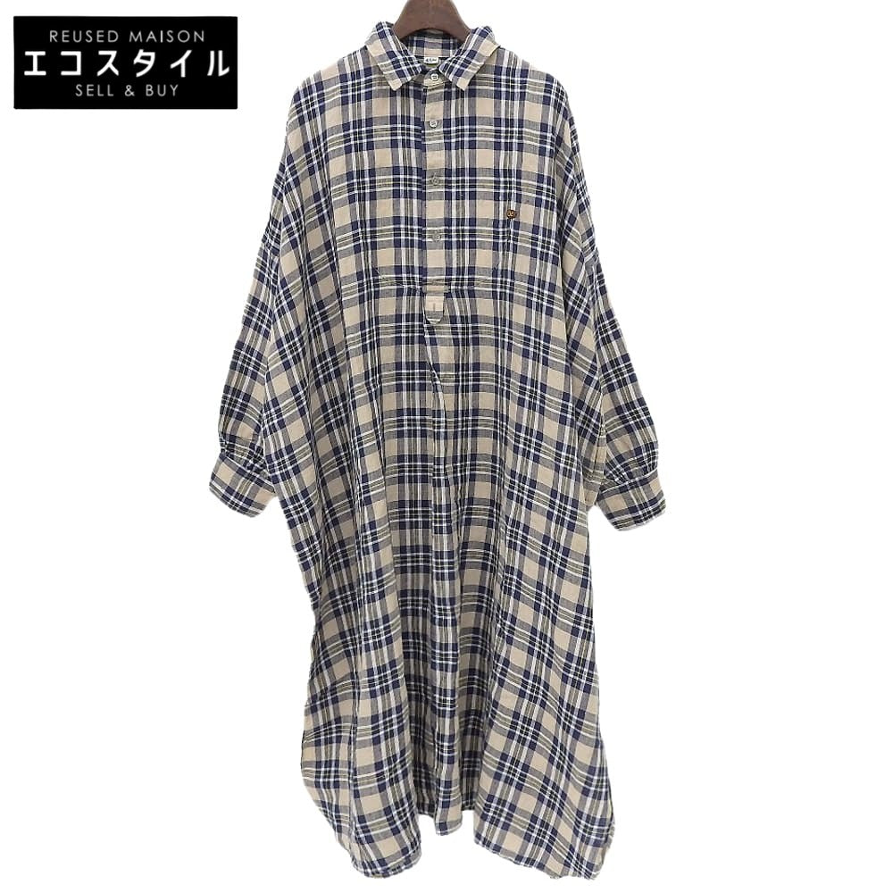 45R フォーティファイブ アール 美品 インドリネン チェックドレス シャツワンピース レディース ベージュ×ブルー 7035069 ワンピース ―