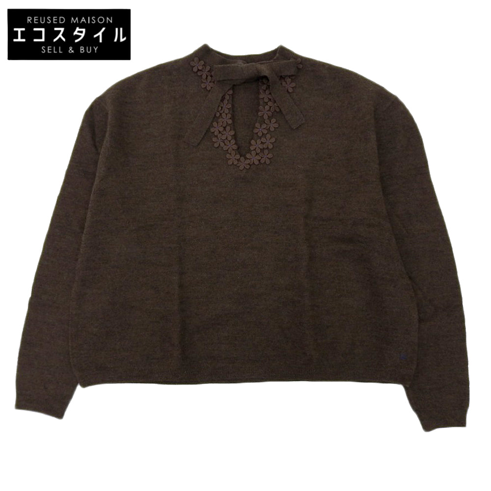 45R フォーティファイブ アール 美品 ウール フラワーモチーフボウタイニット トップス レディース ブラウン 3 5108076 トップス 3