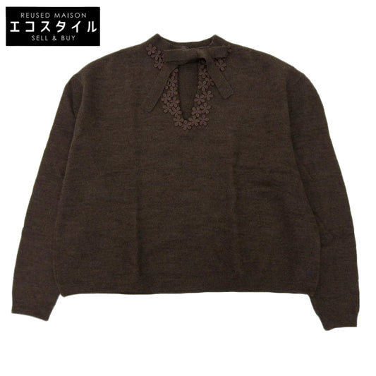 45R フォーティファイブ アール 美品 ウール フラワーモチーフボウタイニット トップス レディース ブラウン 3 5108076 トップス 3