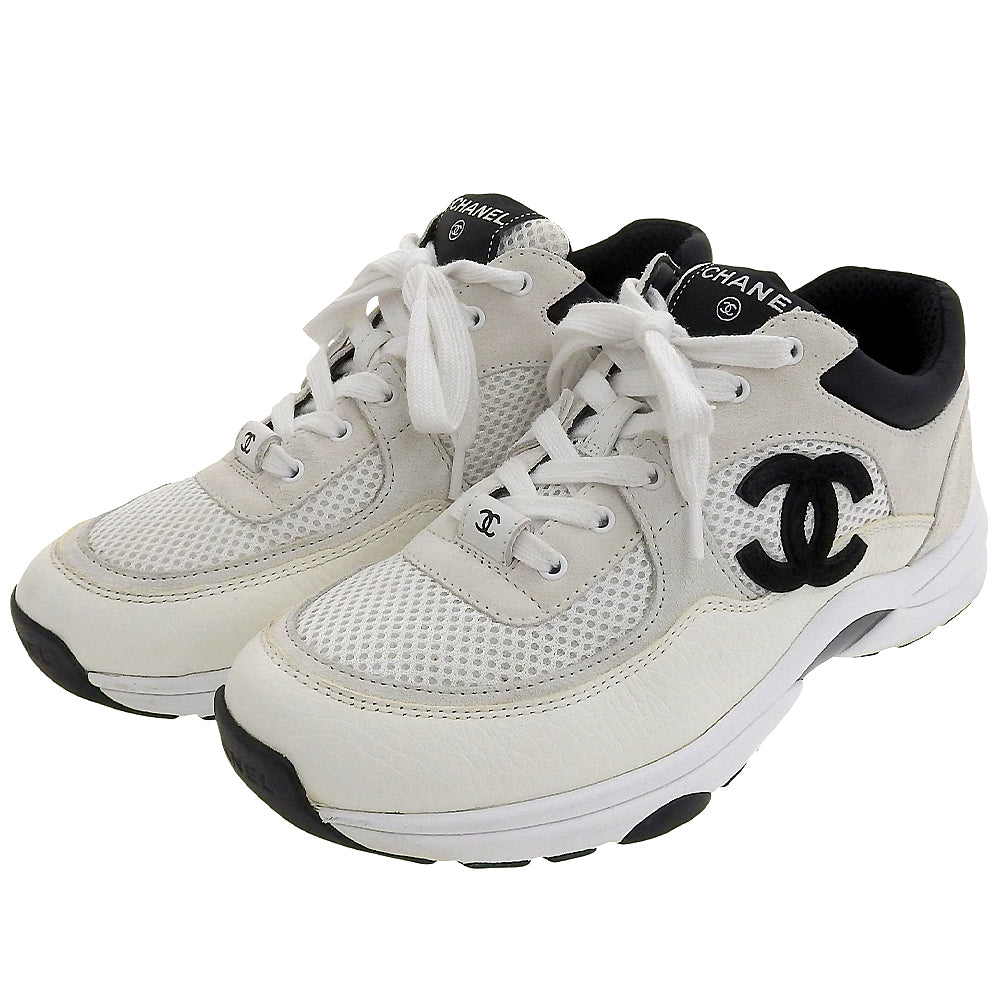 CHANEL シャネル 美品 メッシュ×スエードカーフスキン ココマーク ローカットスニーカー レディース ホワイト ブラック 38 G38299-Y55720 シューズ 38