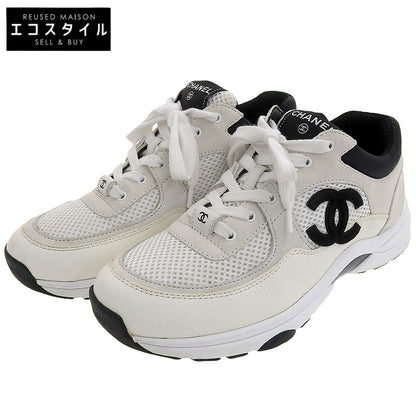 CHANEL シャネル 美品 メッシュ×スエードカーフスキン ココマーク ローカットスニーカー レディース ホワイト ブラック 38 G38299-Y55720 シューズ 38