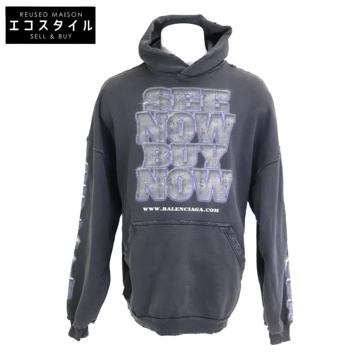 BALENCIAGA バレンシアガ 美品 24SS 739024 TQVE7 コットン スローガンプリント スウェットフーディプルオーバー パーカー トップス 2