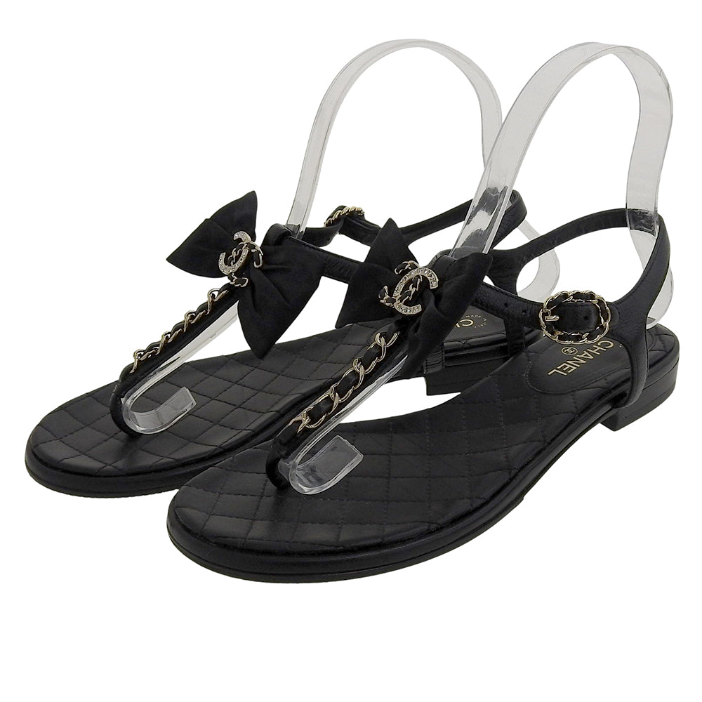 CHANEL シャネル 美品 マトラッセソール ココマーク ラインストーン リボンチェーン フラットサンダル レディース 黒 36C G36352Y54201 シューズ 36C
