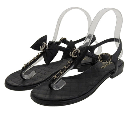 CHANEL シャネル 美品 マトラッセソール ココマーク ラインストーン リボンチェーン フラットサンダル レディース 黒 36C G36352Y54201 シューズ 36C