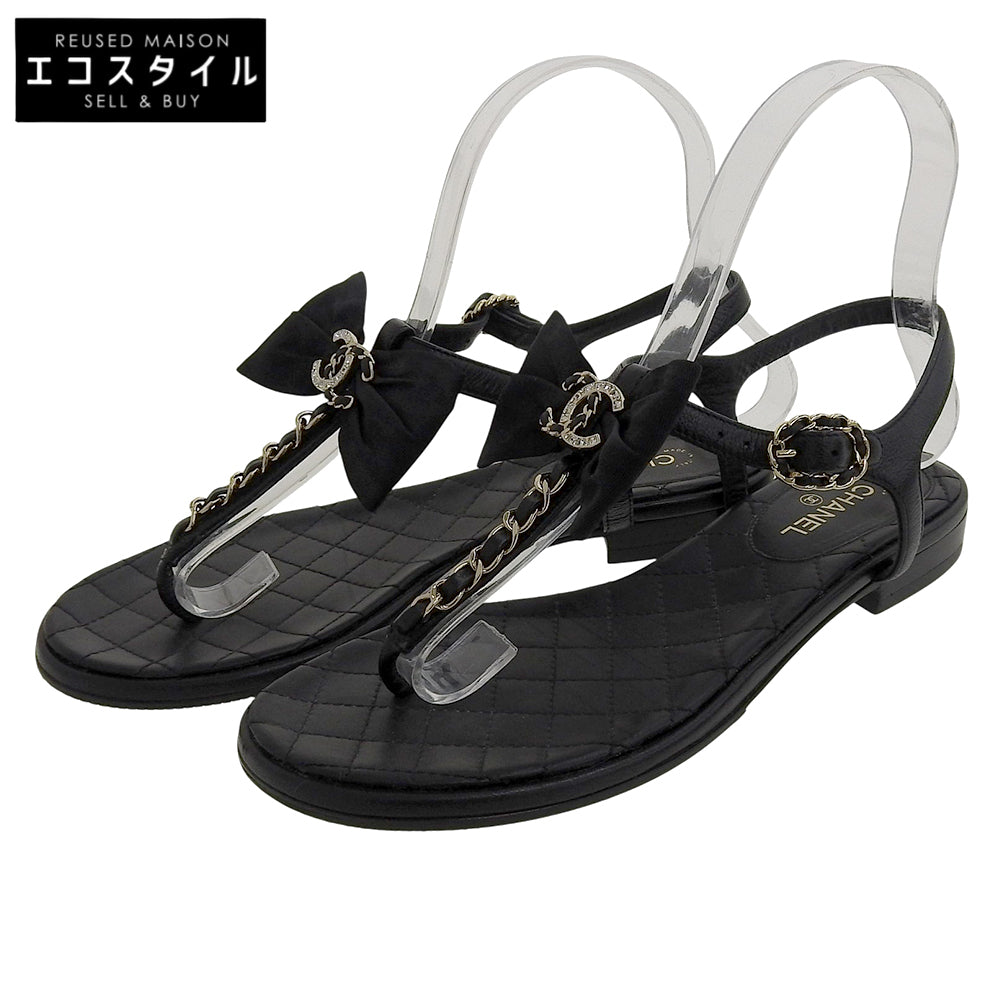CHANEL シャネル 美品 マトラッセソール ココマーク ラインストーン リボンチェーン フラットサンダル レディース 黒 36C G36352Y54201 シューズ 36C