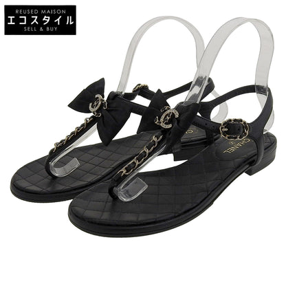 CHANEL シャネル 美品 マトラッセソール ココマーク ラインストーン リボンチェーン フラットサンダル レディース 黒 36C G36352Y54201 シューズ 36C