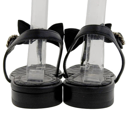 CHANEL シャネル 美品 マトラッセソール ココマーク ラインストーン リボンチェーン フラットサンダル レディース 黒 36C G36352Y54201 シューズ 36C