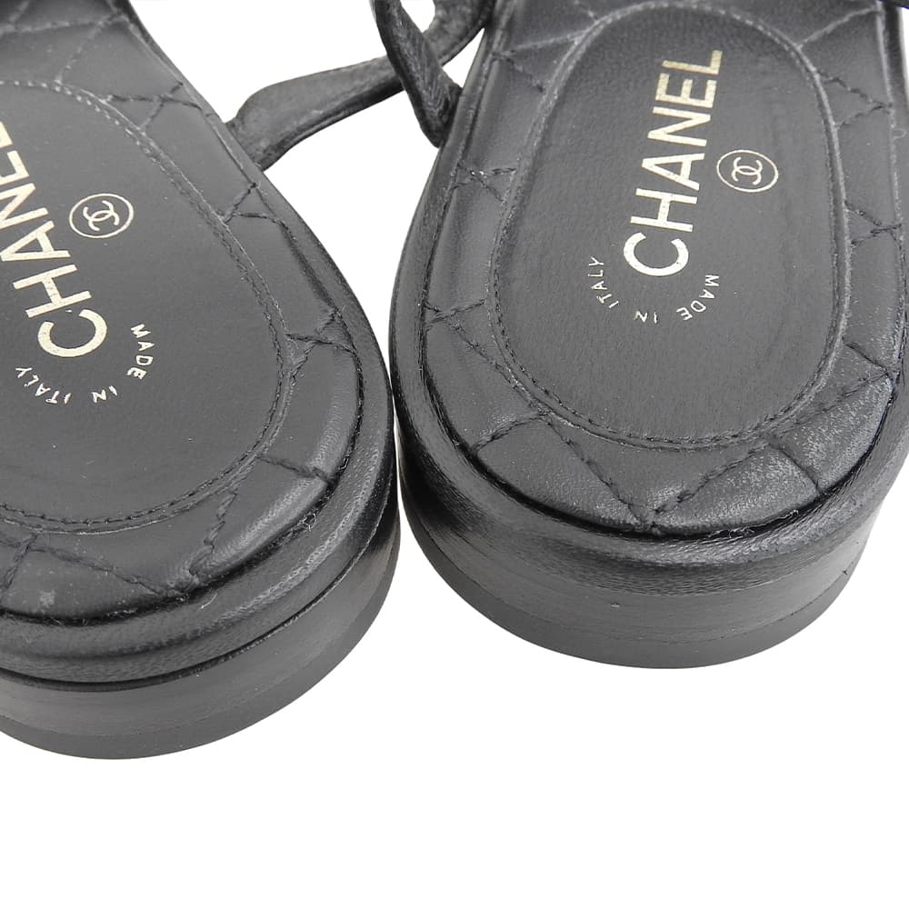 CHANEL シャネル 美品 マトラッセソール ココマーク ラインストーン リボンチェーン フラットサンダル レディース 黒 36C G36352Y54201 シューズ 36C