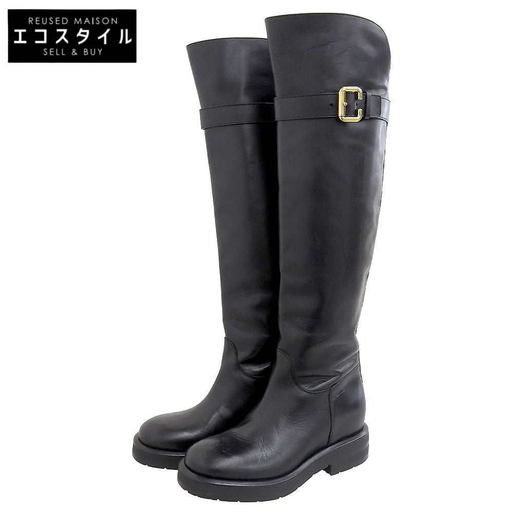 CHLOE クロエ 美品 Coddington レザー フラットロングブーツ シューズ レディース ブラック×ゴールド 37 042432E シューズ 37