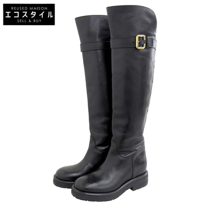 CHLOE クロエ 美品 Coddington レザー フラットロングブーツ シューズ レディース ブラック×ゴールド 37 042432E シューズ 37