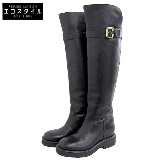 CHLOE クロエ 美品 Coddington レザー フラットロングブーツ シューズ レディース ブラック×ゴールド 37 042432E シューズ 37