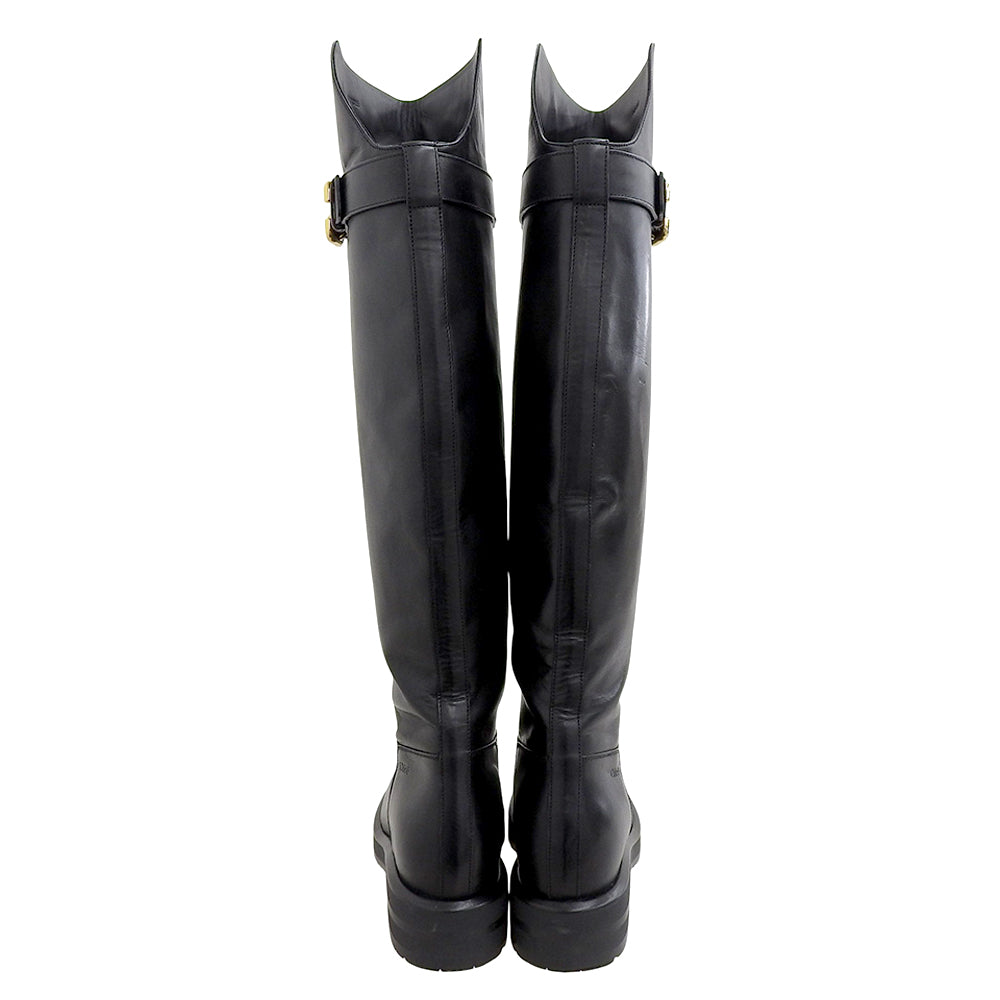 CHLOE クロエ 美品 Coddington レザー フラットロングブーツ シューズ レディース ブラック×ゴールド 37 042432E シューズ 37