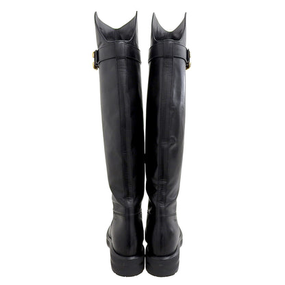 CHLOE クロエ 美品 Coddington レザー フラットロングブーツ シューズ レディース ブラック×ゴールド 37 042432E シューズ 37