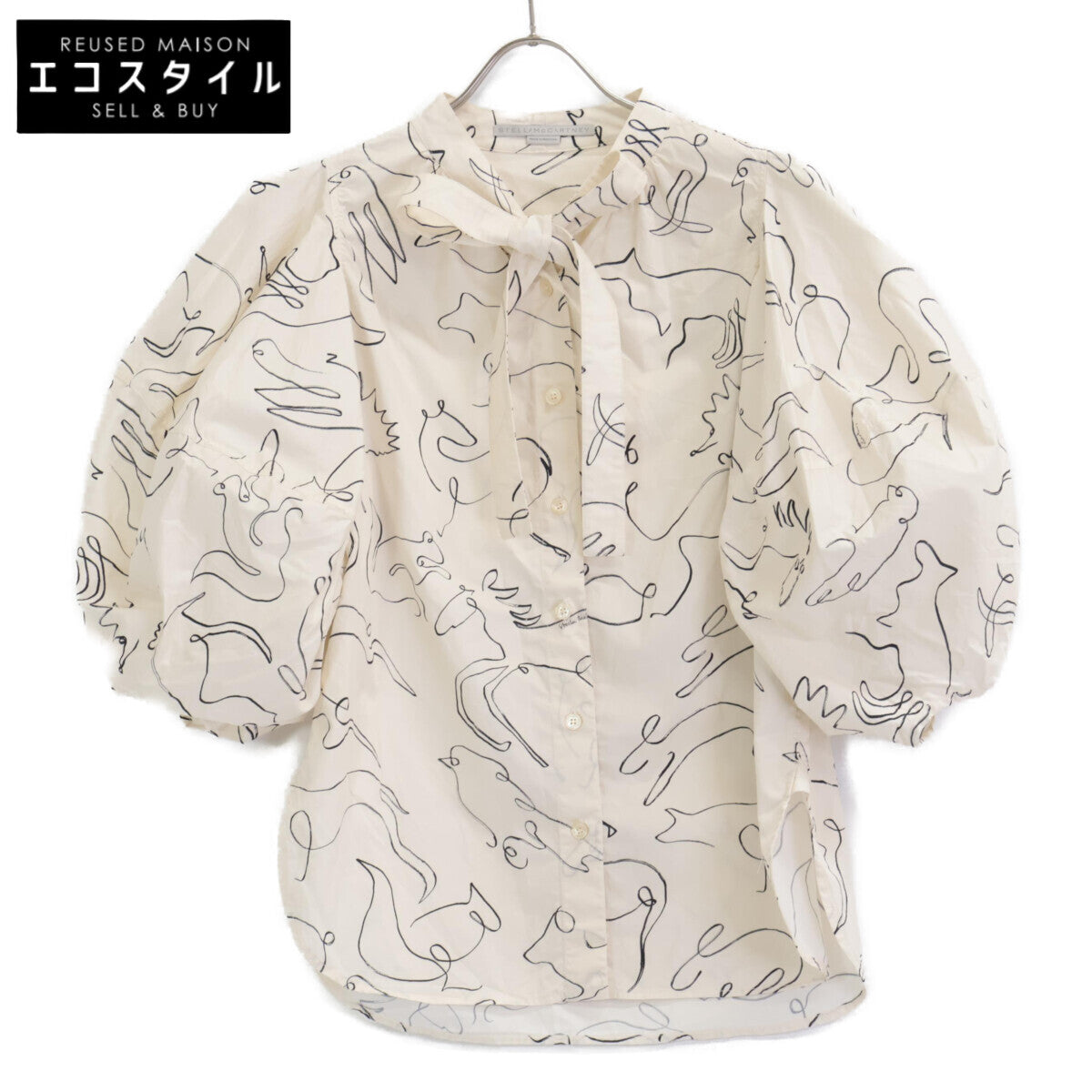 STELLA McCARTNEY ステラマッカートニー 美品 620026 3BS100 コットン アニマル柄 ボウタイパフスリーブ ブラウス 36