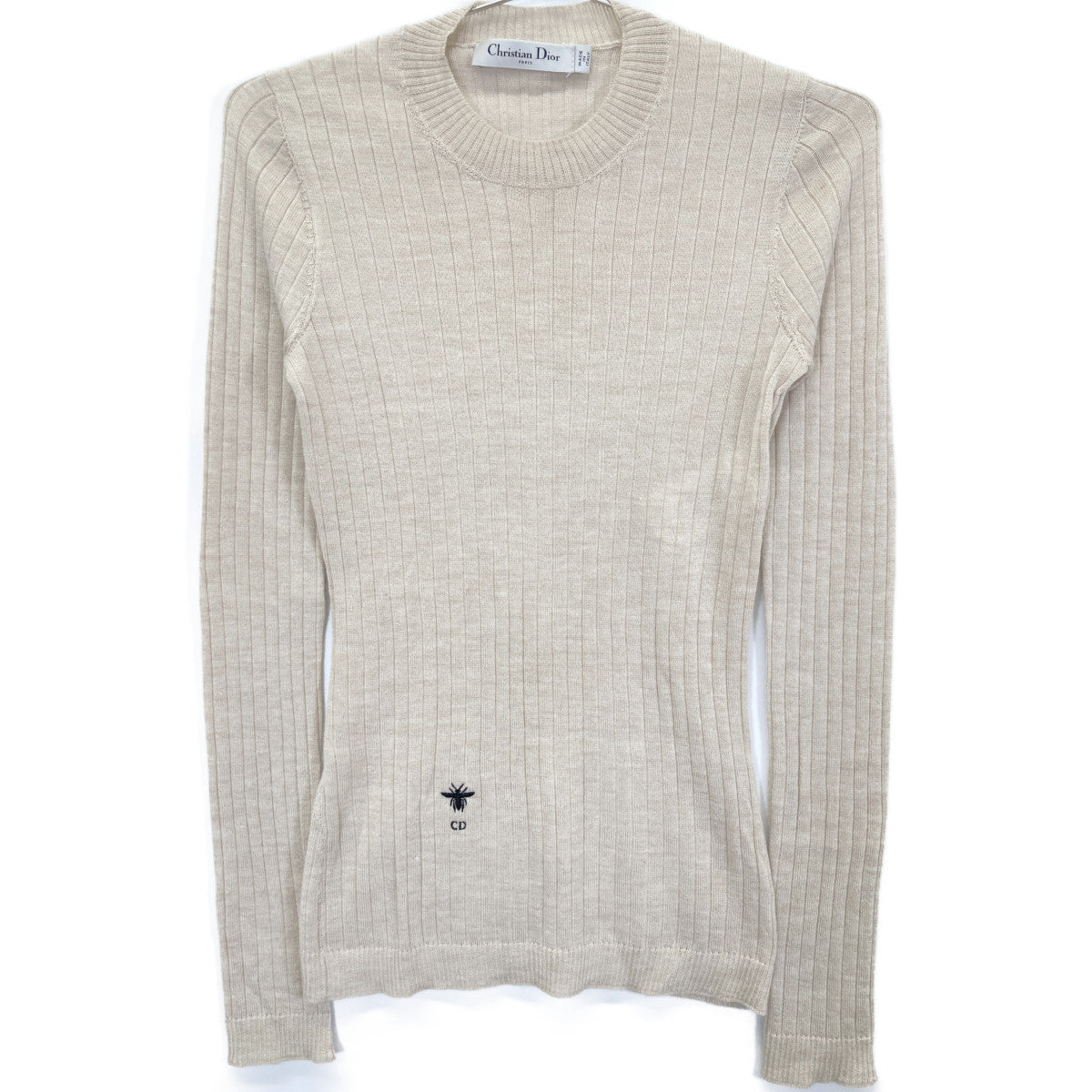 Christian Dior クリスチャンディオール 844S81AM115 ﾍﾞｰｼﾞｭ ｶｼﾐﾔｼﾙｸ BEE刺繍 ｸﾙｰﾈｯｸﾆｯﾄ トップス 34