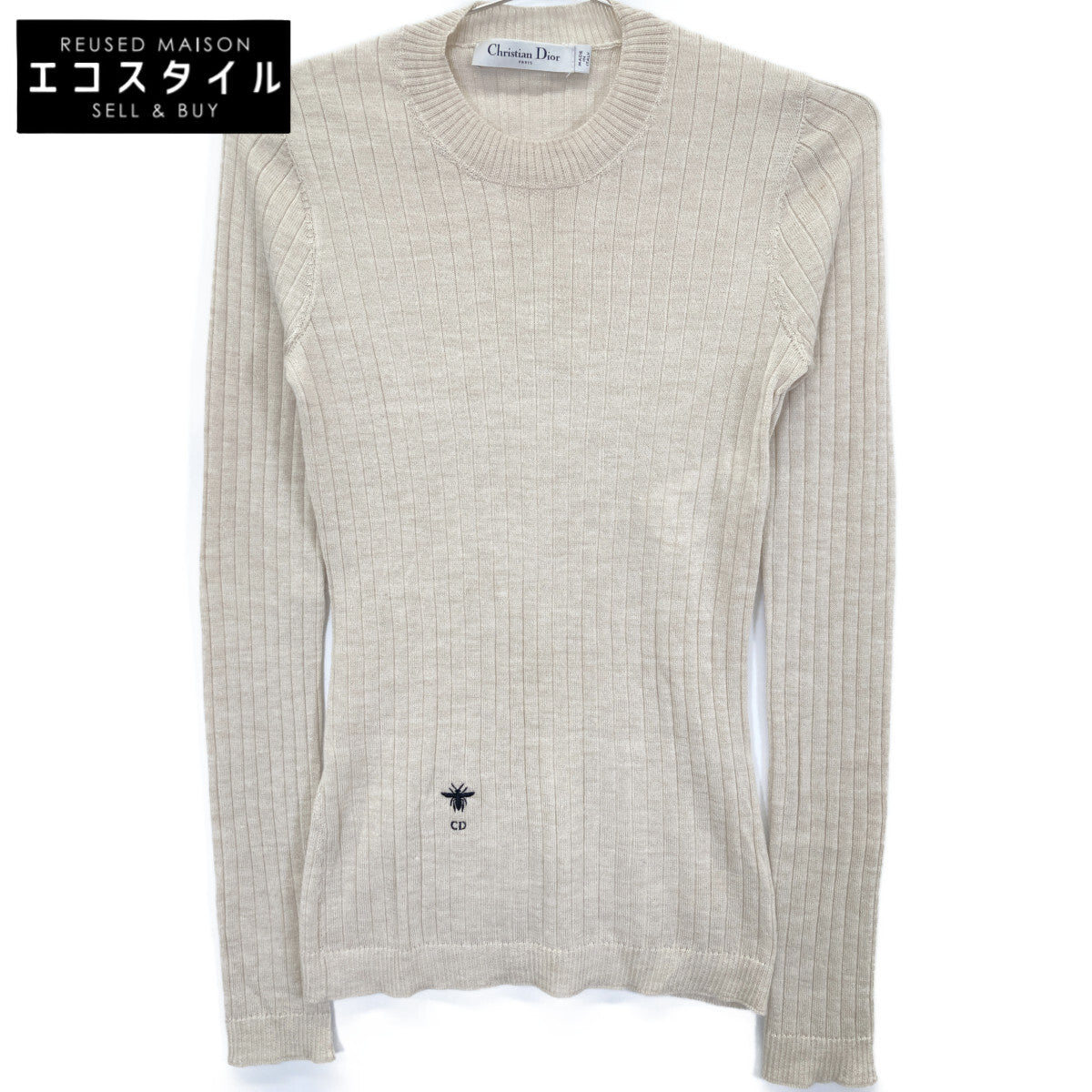 Christian Dior クリスチャンディオール 844S81AM115 ﾍﾞｰｼﾞｭ ｶｼﾐﾔｼﾙｸ BEE刺繍 ｸﾙｰﾈｯｸﾆｯﾄ トップス 34