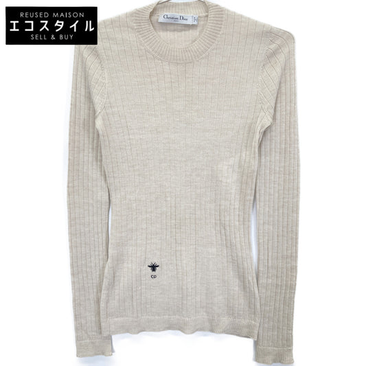 Christian Dior クリスチャンディオール 844S81AM115 ﾍﾞｰｼﾞｭ ｶｼﾐﾔｼﾙｸ BEE刺繍 ｸﾙｰﾈｯｸﾆｯﾄ トップス 34