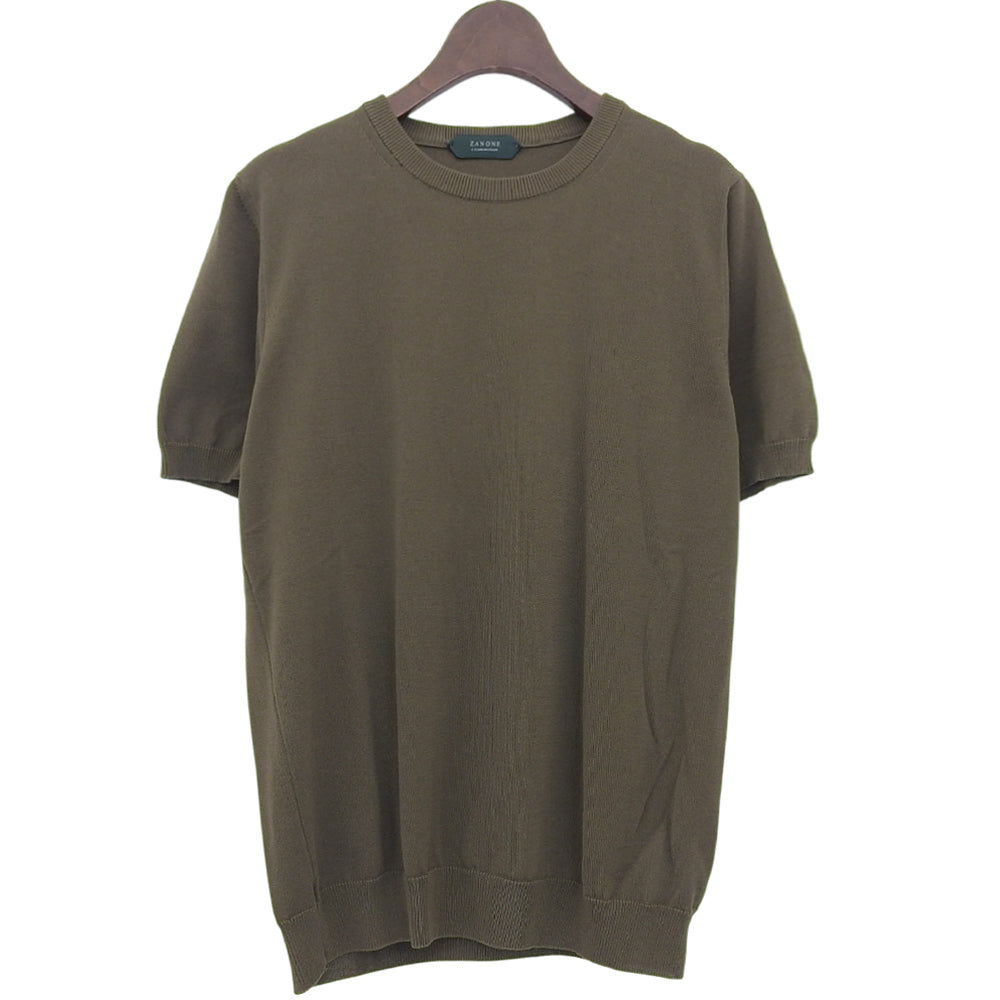 ZANONE ザノーネ 未使用 コットン クルーネック ショートスリーブ リブニットソー トップス メンズ カーキ 48 812109 ZY318 トップス 48