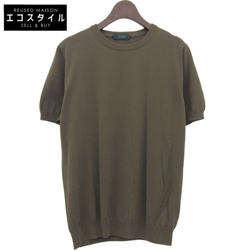 ZANONE ザノーネ 未使用 コットン クルーネック ショートスリーブ リブニットソー トップス メンズ カーキ 48 812109 ZY318 トップス 48