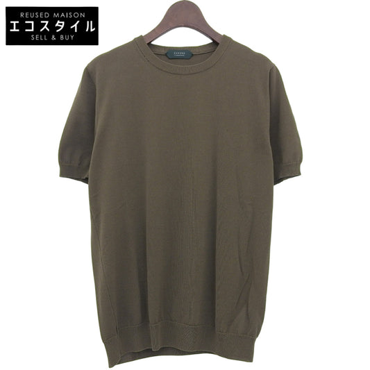 ZANONE ザノーネ 未使用 コットン クルーネック ショートスリーブ リブニットソー トップス メンズ カーキ 48 812109 ZY318 トップス 48