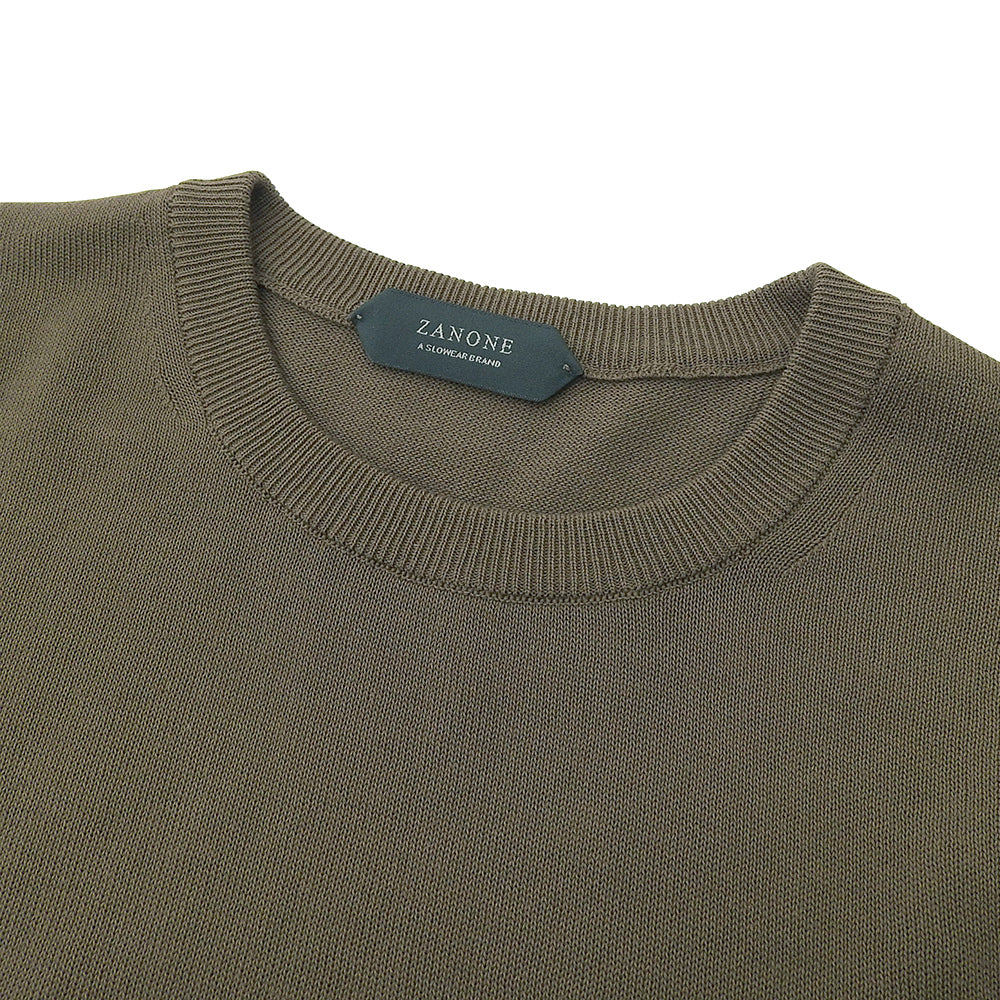 ZANONE ザノーネ 未使用 コットン クルーネック ショートスリーブ リブニットソー トップス メンズ カーキ 48 812109 ZY318 トップス 48