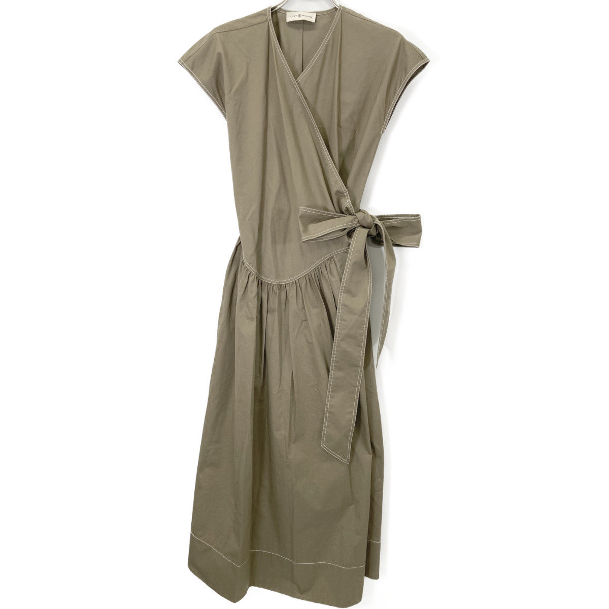 Tory Burch トリーバーチ ｶｰｷ ﾉｰｽﾘｰﾌﾞﾍﾞﾙﾄ ﾗｯﾌﾟｷﾞｬｻﾞｰﾄﾞﾚｽﾜﾝﾋﾟｰｽ ワンピース O