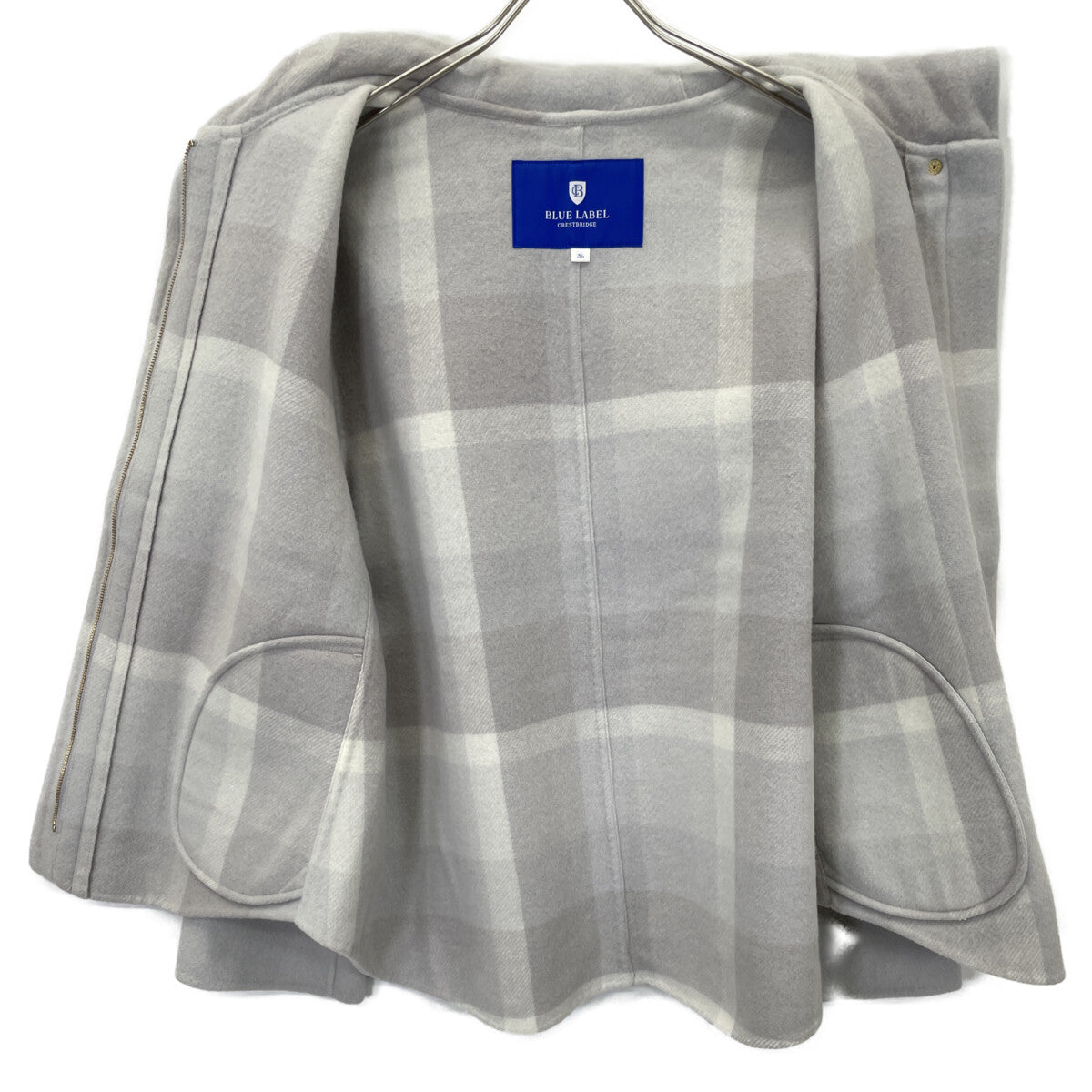 BLUE LABEL CRESTBRIDGE ブルーレーベルクレストブリッジ 24年製 ｸﾞﾚｰ ｸﾚｽﾄﾌﾞﾘｯｼﾞﾁｪｯｸﾄｰﾅﾙ ﾘﾊﾞｰｼﾌﾞﾂﾀﾞﾌﾞﾙﾌｪｲｽｼｮｰﾄｺｰﾄ コート 36