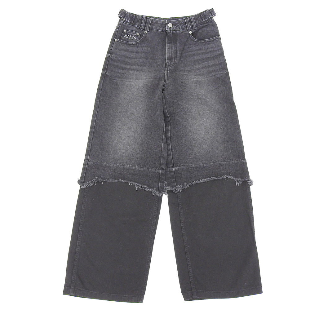 COACH コーチ 美品 コットン ロゴ刺繍 ウォッシュド レイヤードデニムパンツ ボトムス レディース ブラック S CBS06 ボトムス S