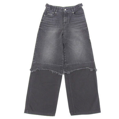 COACH コーチ 美品 コットン ロゴ刺繍 ウォッシュド レイヤードデニムパンツ ボトムス レディース ブラック S CBS06 ボトムス S