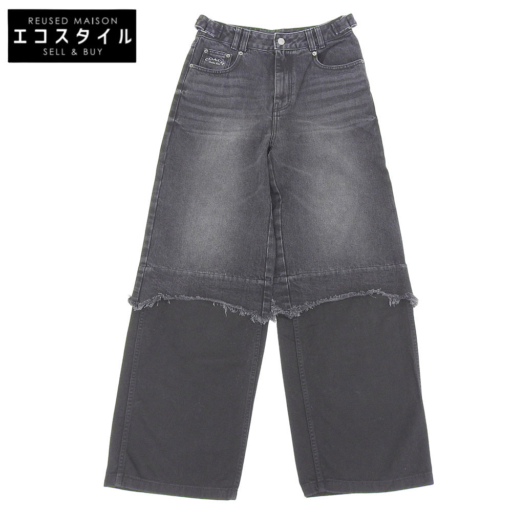 COACH コーチ 美品 コットン ロゴ刺繍 ウォッシュド レイヤードデニムパンツ ボトムス レディース ブラック S CBS06 ボトムス S