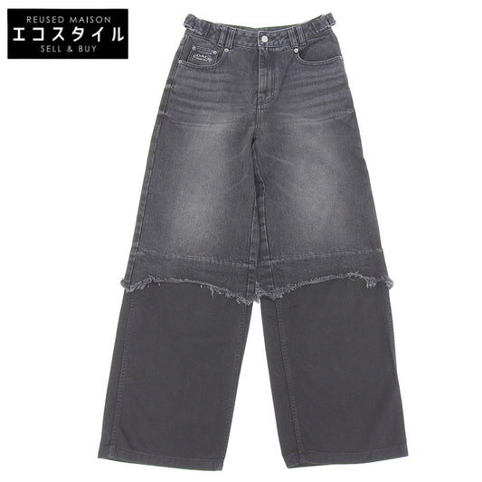 COACH コーチ 美品 コットン ロゴ刺繍 ウォッシュド レイヤードデニムパンツ ボトムス レディース ブラック S CBS06 ボトムス S