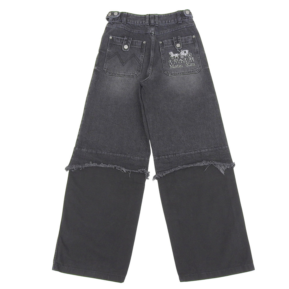 COACH コーチ 美品 コットン ロゴ刺繍 ウォッシュド レイヤードデニムパンツ ボトムス レディース ブラック S CBS06 ボトムス S