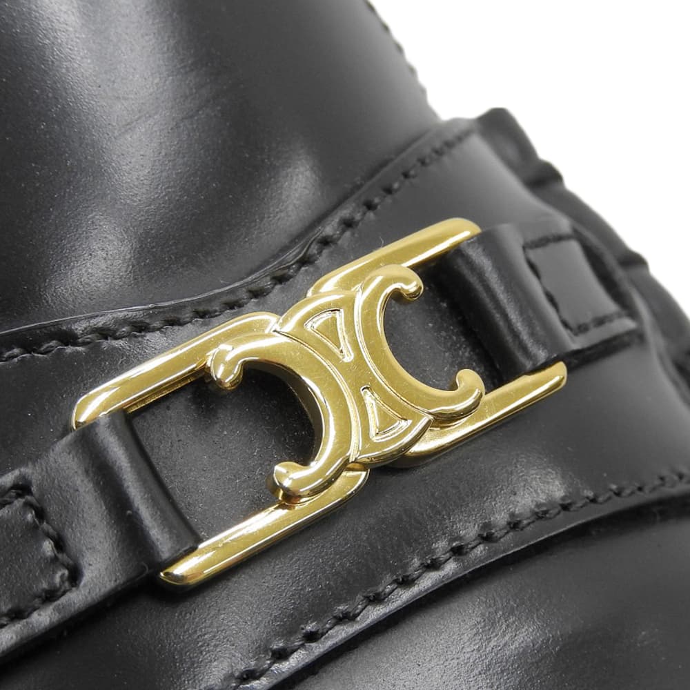 CELINE セリーヌ 美品 LUCO/ルコ ポリッシュドブルスキン トリオンフメタルピース フラットローファー ブラック×ゴールド 335813602C シューズ 38.5