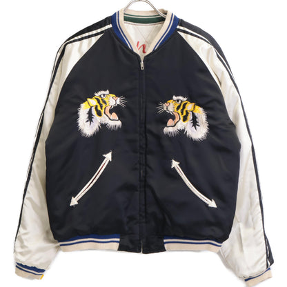 TAILOR TOYO テーラ―東洋 M18484 ﾌﾞﾗｯｸ×ﾎﾜｲﾄ 虎･舞妓･牡丹･富士 ﾘﾊﾞｰｼﾌﾞﾙｽｶｼﾞｬﾝ ジャケット L