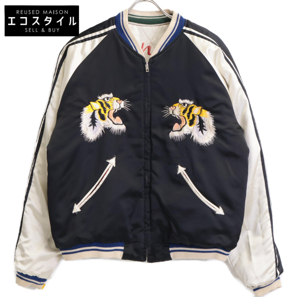 TAILOR TOYO テーラ―東洋 M18484 ﾌﾞﾗｯｸ×ﾎﾜｲﾄ 虎･舞妓･牡丹･富士 ﾘﾊﾞｰｼﾌﾞﾙｽｶｼﾞｬﾝ ジャケット L