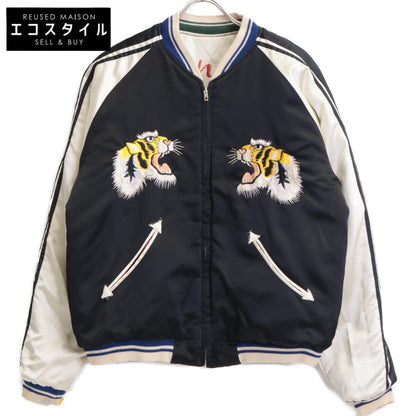 TAILOR TOYO テーラ―東洋 M18484 ﾌﾞﾗｯｸ×ﾎﾜｲﾄ 虎･舞妓･牡丹･富士 ﾘﾊﾞｰｼﾌﾞﾙｽｶｼﾞｬﾝ ジャケット L