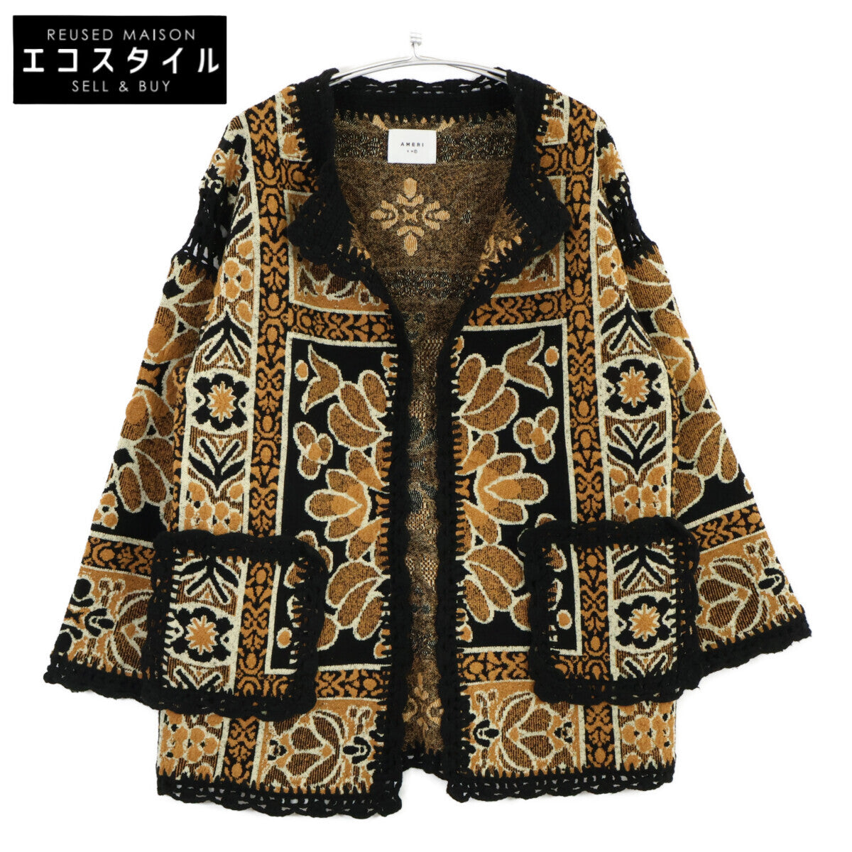 AMERI アメリヴィンテージ 0124206610310 ﾌﾞﾗｳﾝ×ﾌﾞﾗｯｸ ｳｰﾙ混 RUG PATTERN KNIT JACKET ジャケット F