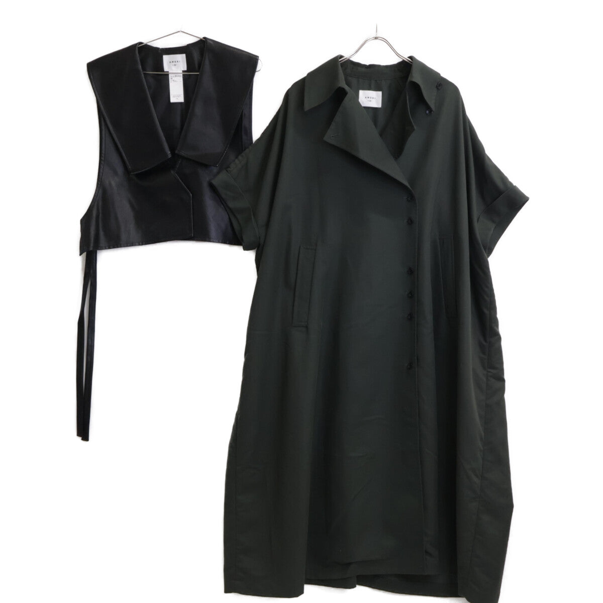 AMERI アメリ 24SS 01410740200 ﾌﾞﾗｯｸ×ｸﾞﾘｰﾝ TRENCH MULTI WAY LONG VEST コート M