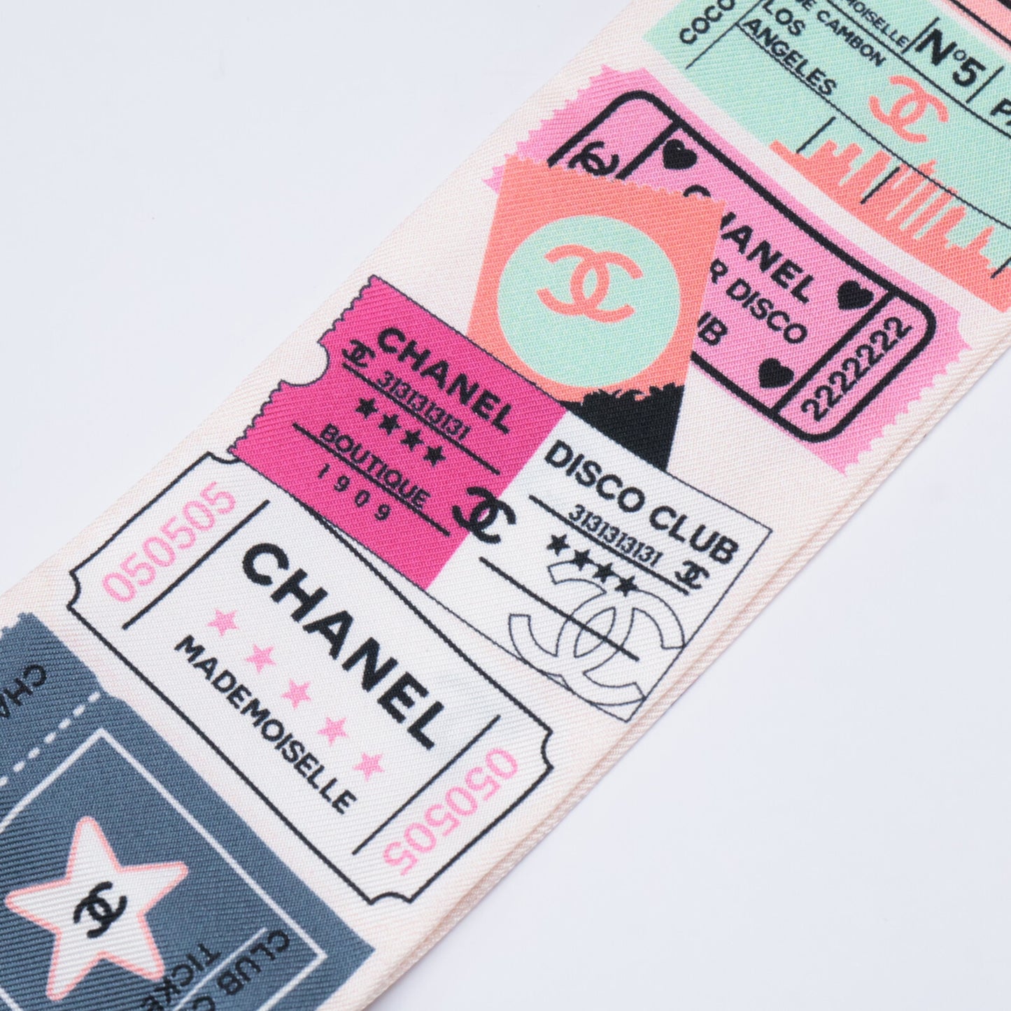 CHANEL シャネル 【新品同様】24C 24年クルーズコレクション ココマーク チケットデザイン シルク ヘアバンド スカーフ