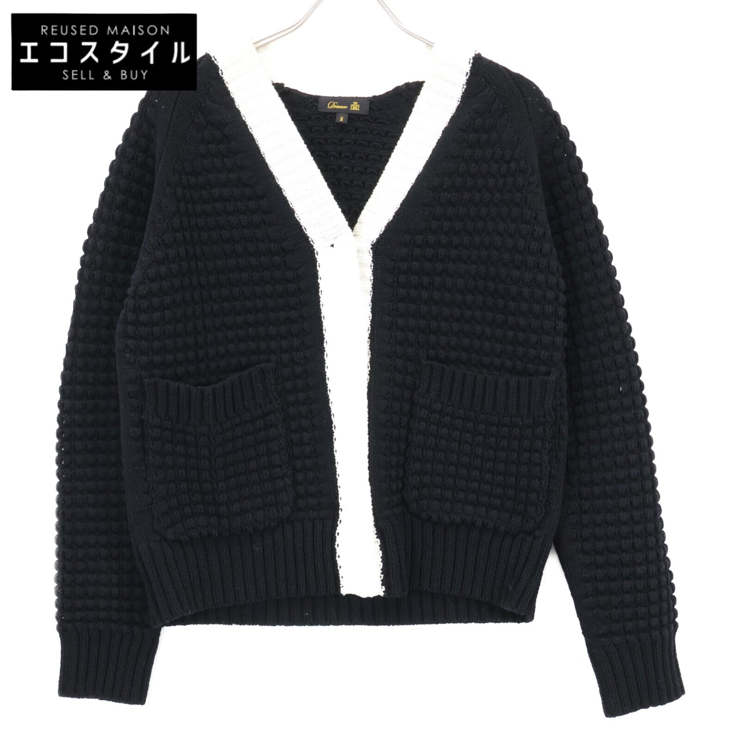 DRAWER ドゥロワー 6515-106-0308 ﾌﾞﾗｯｸ×ﾎﾜｲﾄ ｺｯﾄﾝ ﾛｺﾞﾎﾞﾀﾝ ﾊﾞｲｶﾗｰﾛｰｹﾞｰｼﾞｶｰﾃﾞｨｶﾞﾝ トップス 2