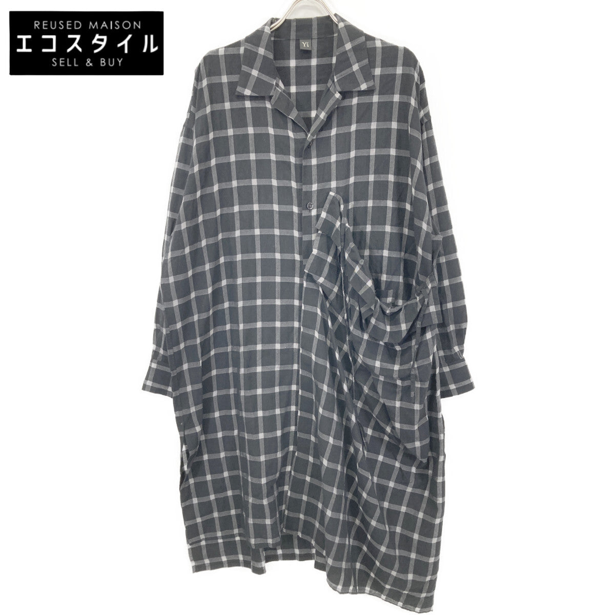 Y's ワイズ YD-D25-021 ﾌﾞﾗｯｸ COTTON CUPRO PLAID SHIRT DRESS ﾁｪｯｸｼｬﾂﾜﾝﾋﾟｰｽ ワンピース 1