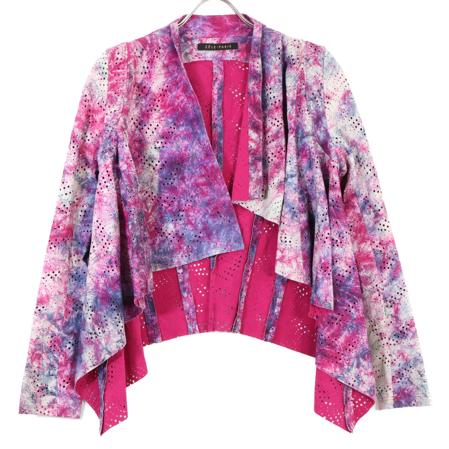 ZELE-PARIS ゼルパリ ﾋﾟﾝｸ×ﾊﾟｰﾌﾟﾙ ﾀｲﾀﾞｲ柄ﾊﾟﾝﾁﾝｸﾞｱｼﾝﾒﾄﾘｰﾚｻﾞｰｼﾞｬｹｯﾄ ジャケット 表記無し
