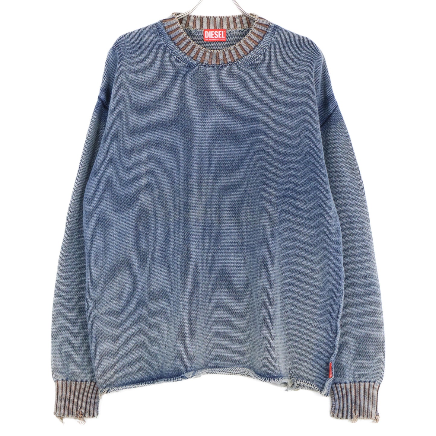 DIESEL ディーゼル A11195 K-DELOS ﾌﾞﾙｰ ｺｯﾄﾝ×ｳｰﾙ ﾀﾞﾒｰｼﾞｳｫｯｼｭ加工 ﾆｯﾄﾌﾟﾙｵｰﾊﾞｰ トップス L