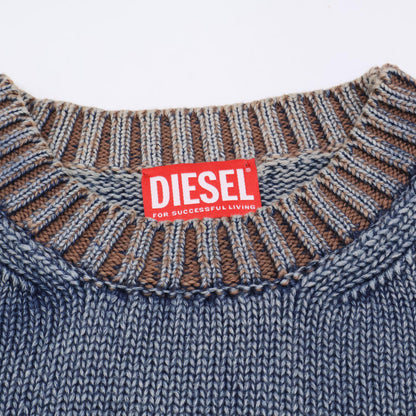 DIESEL ディーゼル A11195 K-DELOS ﾌﾞﾙｰ ｺｯﾄﾝ×ｳｰﾙ ﾀﾞﾒｰｼﾞｳｫｯｼｭ加工 ﾆｯﾄﾌﾟﾙｵｰﾊﾞｰ トップス L