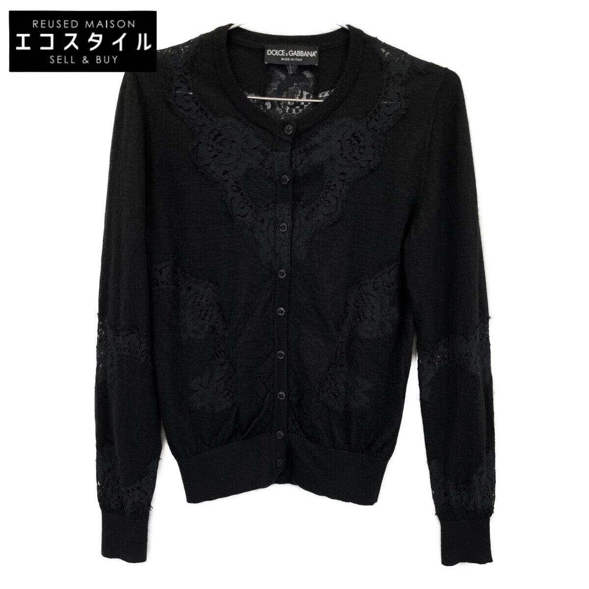 DOLCE&GABBANA ドルチェアンドガッバーナ ﾌﾞﾗｯｸ ｶｼﾐﾔ ｼﾙｸ混 ﾛﾝｸﾞｽﾘｰﾌﾞ ﾚｰｽｶｰﾃﾞｨｶﾞﾝ トップス 40